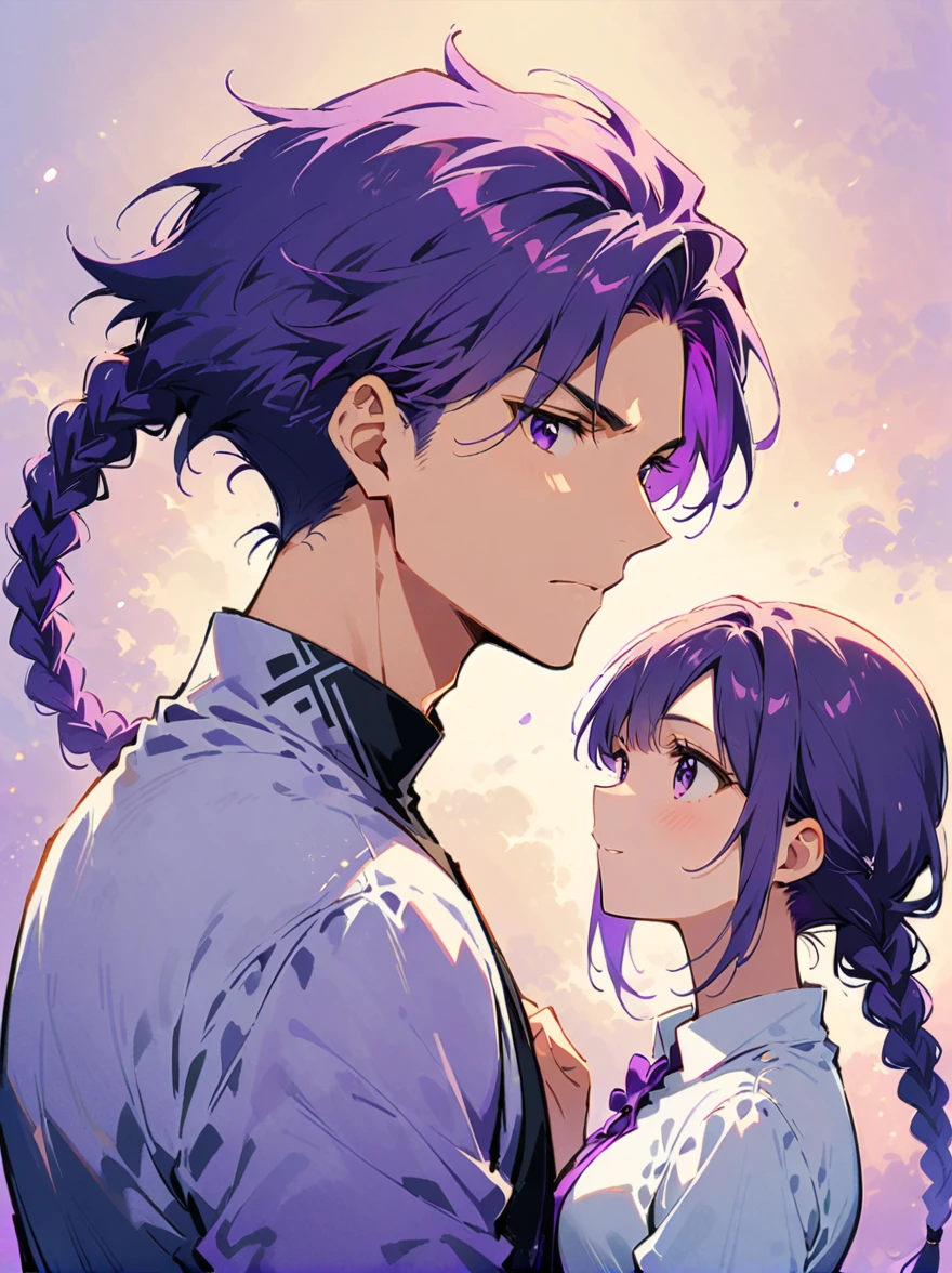 Couple,Purple and White Gradient Double Braid Long Ponytail.cool.personality.brave,(Purple and white gradient background:1.2),Double Braid