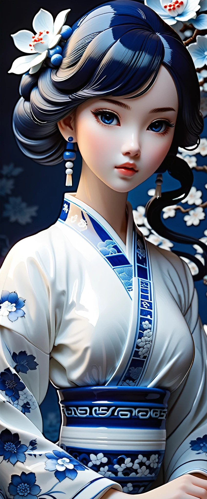 (best quality,4k,8K,High resolution,masterpiece:1.2)High quality fantasy art, Simple background, Ceramic Chinese Girl Doll,Porcelain white skin, (Blue and white porcelain) Carved high-end porcelain, complicated, Gorgeous, 8K, Tile Style, Artist Ilya Kuvshinov