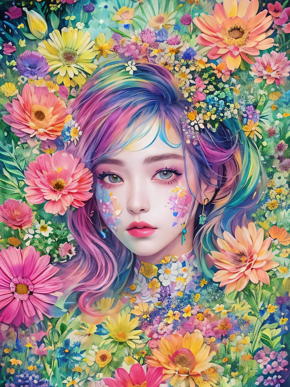 Masayo Style、(((stylish fashion))), 8K Quality、Intense watercolor, Detailed watercolor art, Watercolor splash, Surreal, avant-garde pop art, Beautiful and expressive paintings, Beautiful artwork illustration, Very colorful tones, wonderful, Cool beauty, highest quality、Official Art, Vector art, Stylish design, (((The most beautiful girl))), (((highest quality))), HDR, ((detailed)), (((Doodle Art)), ((masterpiece)), ((Super detailed)), (((Colorful flowers))),(((Stylish))),
