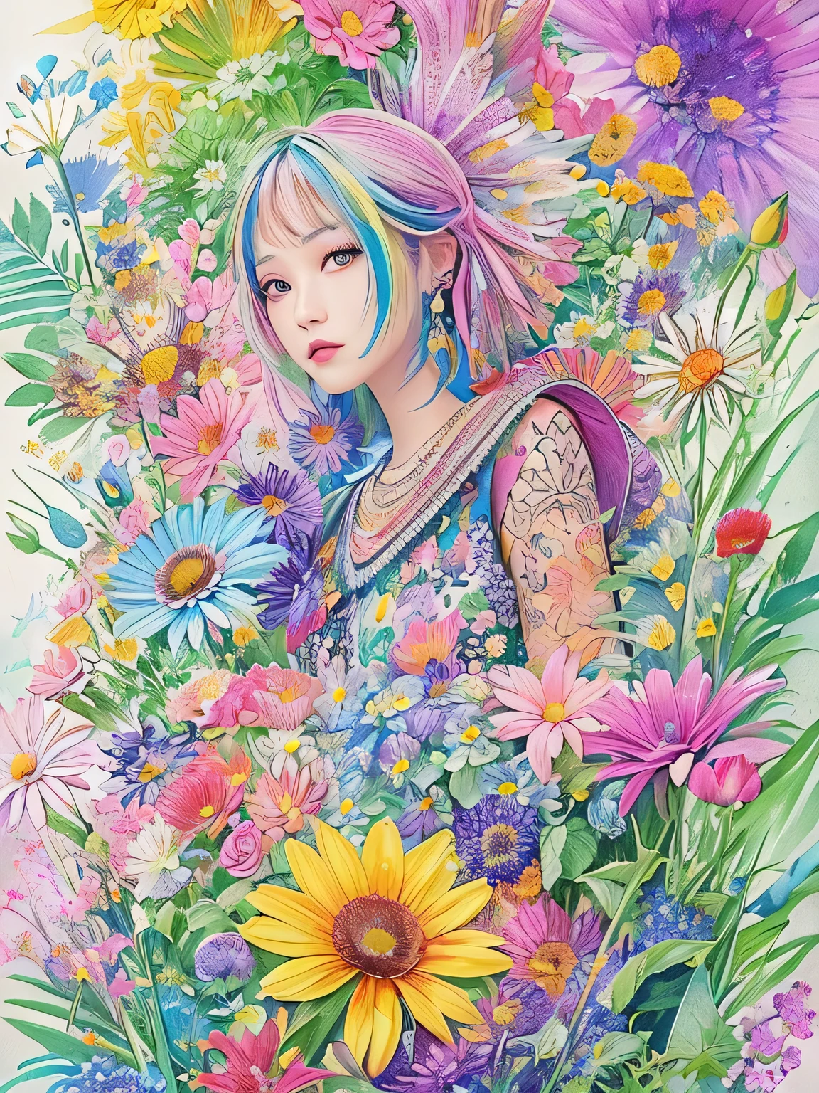 Masayo Style、(((stylish fashion))), 8K Quality、Intense watercolor, Detailed watercolor art, Watercolor splash, Surreal, avant-garde pop art, Beautiful and expressive paintings, Beautiful artwork illustration, Very colorful tones, wonderful, Cool beauty, highest quality、Official Art, Vector art, Stylish design, (((The most beautiful girl))), (((highest quality))), HDR, ((detailed)), (((Doodle Art)), ((masterpiece)), ((Super detailed)), (((Colorful flowers))),(((Stylish))),