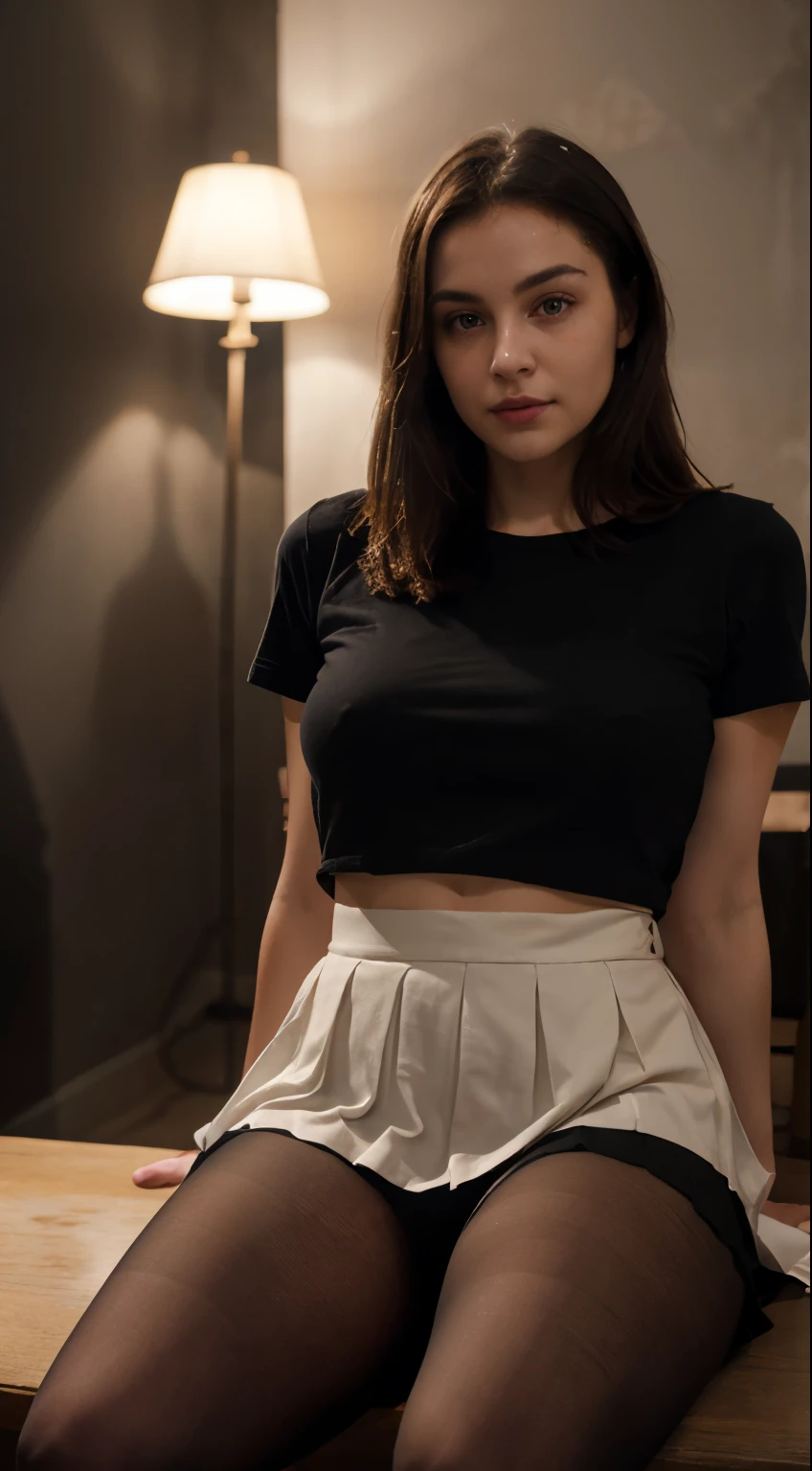 ultra realistic 8k cg, picture-perfect face, flawless, clean, masterpiece, professional artwork, famous artwork, perfect face, beautiful face, beautiful eyes, ((perfect female body)), solo,(immersive atmosphere, chiaroscuro:1.5,bright light:1.2,luminous lighting) ,,(blush:0.5),seductive expression,extremely detailed_eyes,thick thighs,large breasts, beautifully detailed background,depth of field,realistic:1.3, long shot,1girl,shirt,pleated skirt, , sitting, full body, (ambient light:1.3),(cinematic composition:1.3),(neon lights:0.1),(HDR:0.1),Accent Lighting, pantyhose