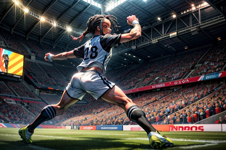 (best quality, 4k, 8k, high resolution, masterpiece: 1.2), ultra detailed, (realistic, photorealistic, photorealistic: 1.37),(best quality, highres, vivid colors), soccer game, energetic players, passionate fans, intense competition, stadium lights, dynamic movement, powerful kicks, precise passes, strategic tactics, thrilling goals, celebratory cheers, dribbling skills, goalie saves, referee whistle, team jerseys, stadium atmosphere, cheering crowd, grass field, cheering supporters, adrenaline rush, braids, braided hair