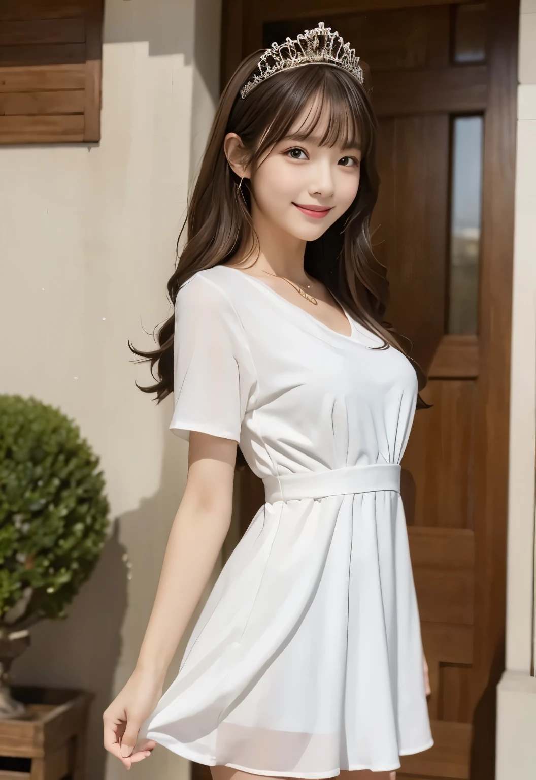 (masterpiece, best quality:1.1), (8k, raw photo, photo realistic:1.2, f22), (shiny skin), detailed skin,long hair,ribbon,detailed face, detailed eyes,smile,BREAK, real world, intricate details, smil, BREAK, 1girl, full body,(short sleeve,dress,)BREAK, (tiara:1.4)