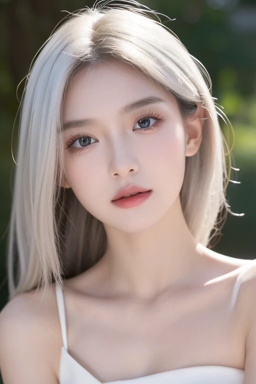 Young girl, upper body, masterpiece, highest quality, 8k ultra, beautiful lips, very detailed face and skin texture, breasts, very detailed eyes texture, same size eyes, white hair, simple, cinematic light, light and shadows super fine face