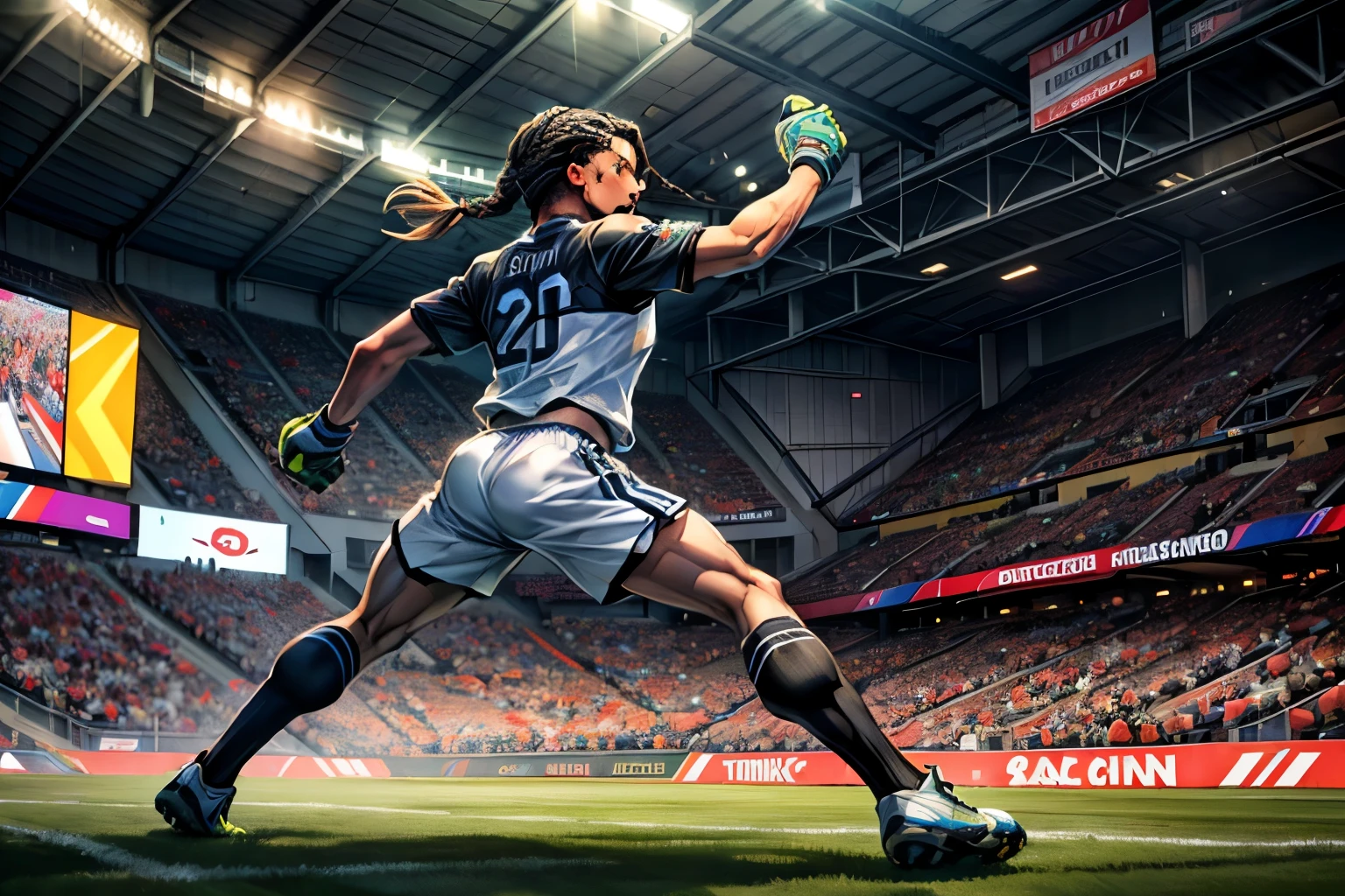 (best quality, 4k, 8k, high resolution, masterpiece: 1.2), ultra detailed, (realistic, photorealistic, photorealistic: 1.37),(best quality, highres, vivid colors), soccer game, energetic players, passionate fans, intense competition, stadium lights, dynamic movement, powerful kicks, precise passes, strategic tactics, thrilling goals, celebratory cheers, dribbling skills, goalie saves, referee whistle, team jerseys, stadium atmosphere, cheering crowd, grass field, cheering supporters, adrenaline rush, braids, braided hair