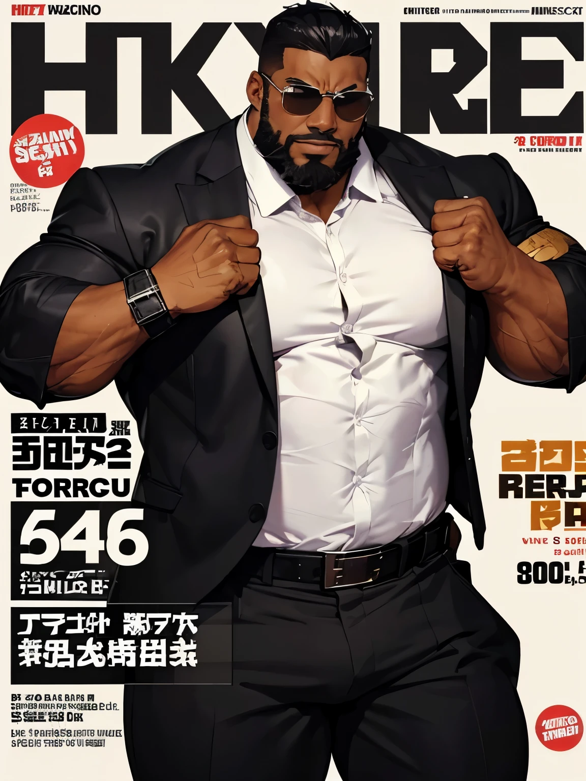 (magazine cover), with text, solo, 1boy, (Huge Muscular black man as a security guard, shirtless, wearing skimpy black suit, business pants with belt) (short hair), pectoral, big lips, sunglasses, abnormal muscle size, very big muscle, (tan skin: 1.2), (crotch bulge: 1.2), absurdly muscle size, huge pectoral, wide pectoral, (bara pecs: 1.4), (hairy chest: 1.1), short hair, short bearded, simple background, masterpiece, high detailed, 8k, high resolution, --style 250, -- v 6.0
