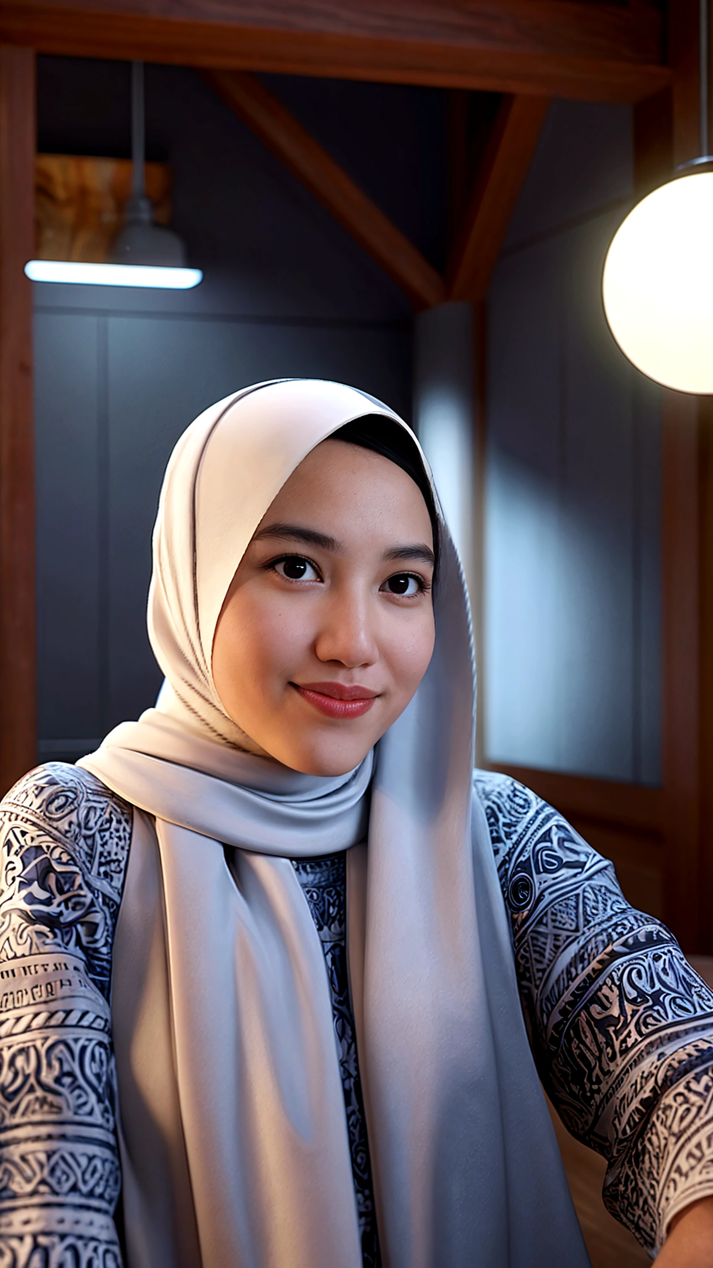 1girl, gorgeous Indonesian woman, silk abaya, hijab, smiling, shy, opened mouth, visible teeth, hot mom, full body portrait, (best quality,4k,8k,highres,masterpiece:1.2),ultra-detailed,(realistic,photorealistic,photo-realistic:1.37),HDR,UHD,studio lighting,ultra-fine painting,sharp focus,physically-based rendering,extreme detail description,professional,vivid colors,bokeh,portraits,warm color tones,dramatic lighting