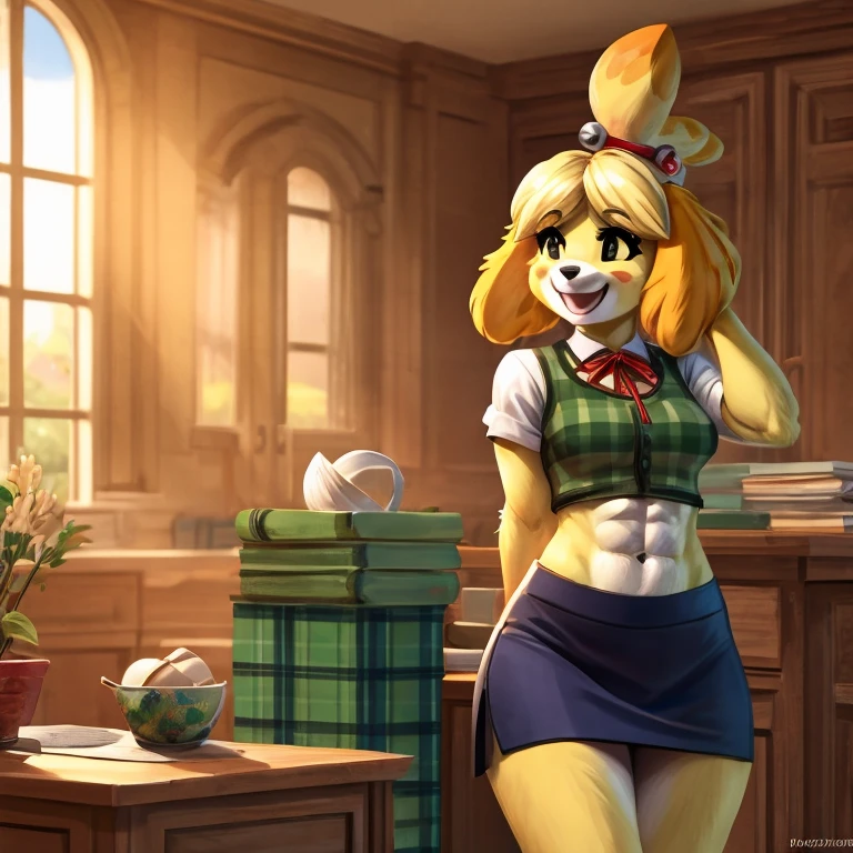 a digital artwork of Isabelle with abs wearing a crop top of her  short sleeve green plaid white shirt with green vest and red ribbon tie and a navy blue skirt with a bare midriff and a bare navel ((perfect face)), ((best quality)), ((masterpiece)),  gleeful