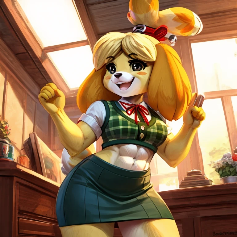 a digital artwork of Isabelle with abs wearing a crop top of her  short sleeve green plaid white shirt with green vest and red ribbon tie and a navy blue skirt with a bare midriff and a bare navel ((perfect face)), ((best quality)), ((masterpiece)),  gleeful