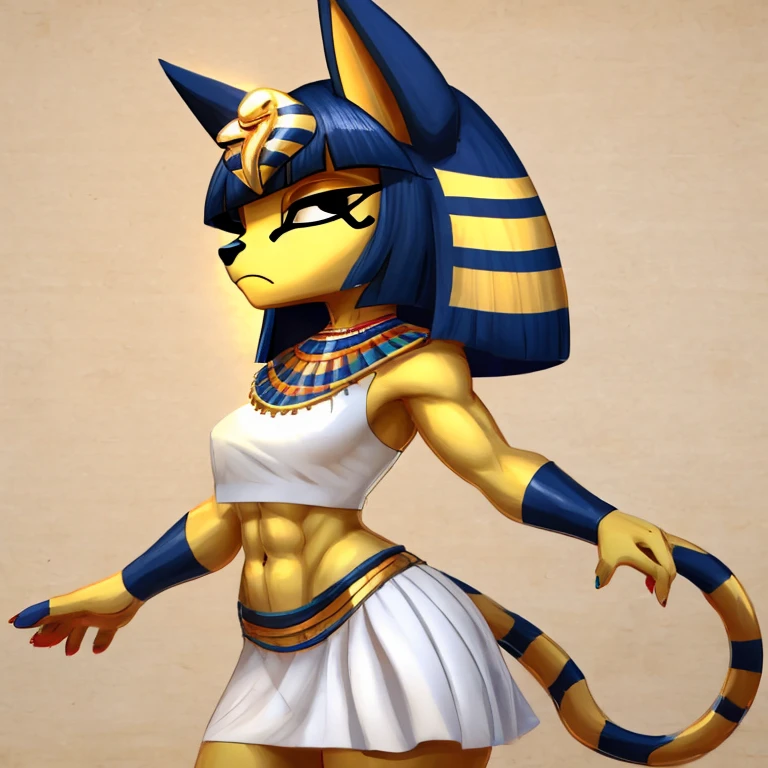 a digital artwork of ankha with abs wearing a crop top of her white sleeveless dress with white dress skirt, a bare midriff and a bare navel, sideview, Egyptian setting 