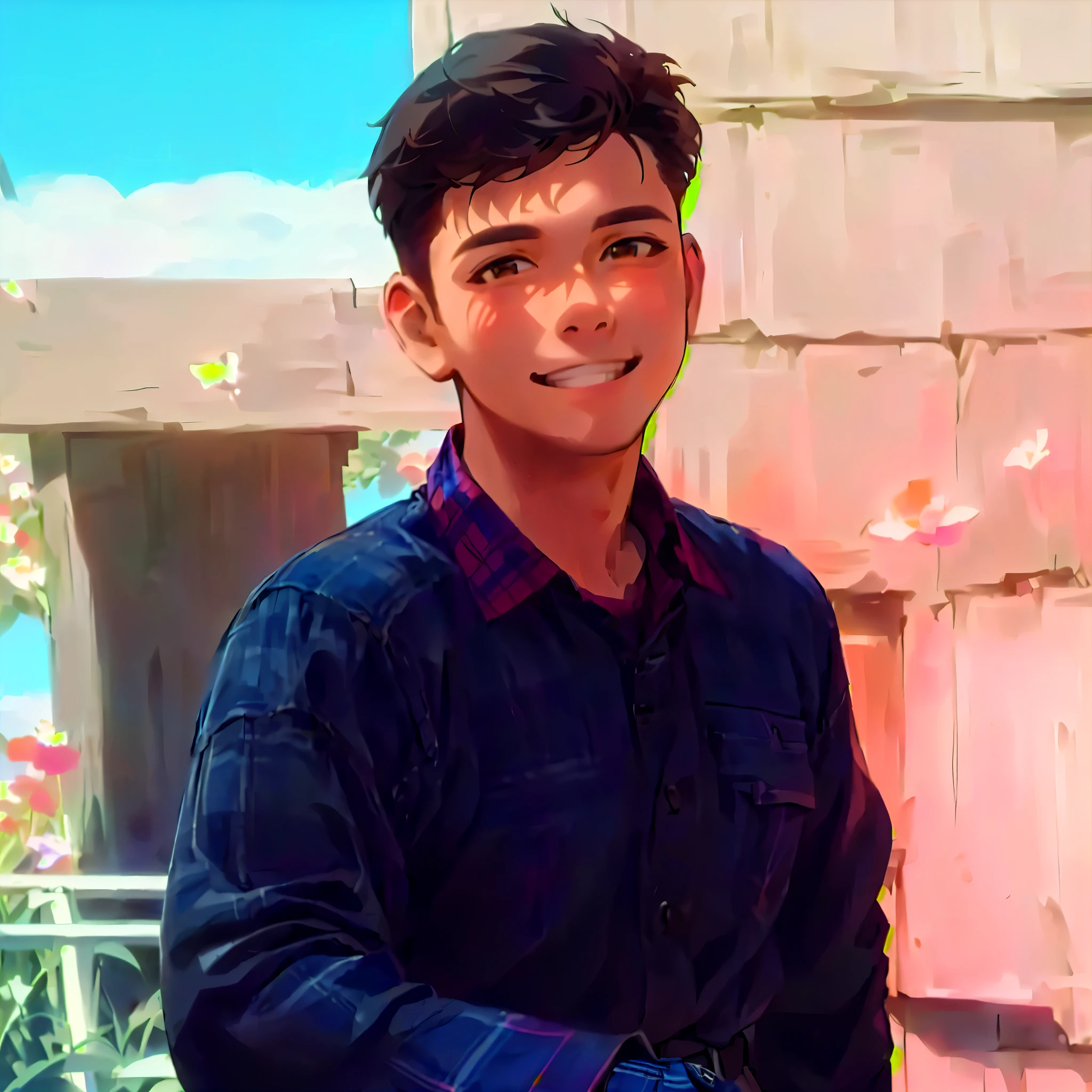 solo, looking at viewer, smile, short hair, brown hair, shirt, 1boy, standing, full body, flower, male focus, outdoors, sky, day, belt, pants, cloud, bag, vest, tree, blue sky, plaid, brown footwear, sunlight, grass, denim, , jeans, mountain, sun, male , plaid shirt, brown bag
