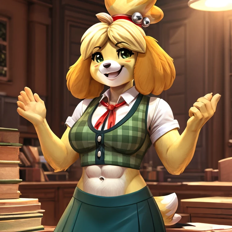 a digital artwork of Isabelle with abs wearing a crop top of her  short sleeve green plaid white shirt with green vest and red ribbon tie and a navy blue skirt with a bare midriff and a bare navel ((perfect face)), ((best quality)), ((masterpiece)),  gleeful