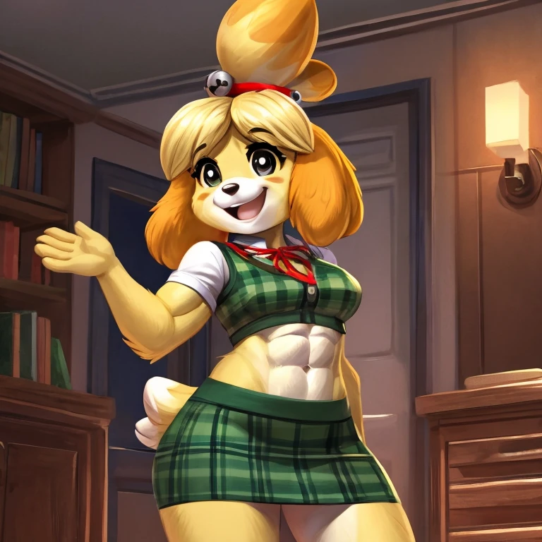 a digital artwork of Isabelle with abs wearing a crop top of her  short sleeve green plaid white shirt with green vest and red ribbon tie and a navy blue skirt with a bare midriff and a bare navel ((perfect face)), ((best quality)), ((masterpiece)),  gleeful