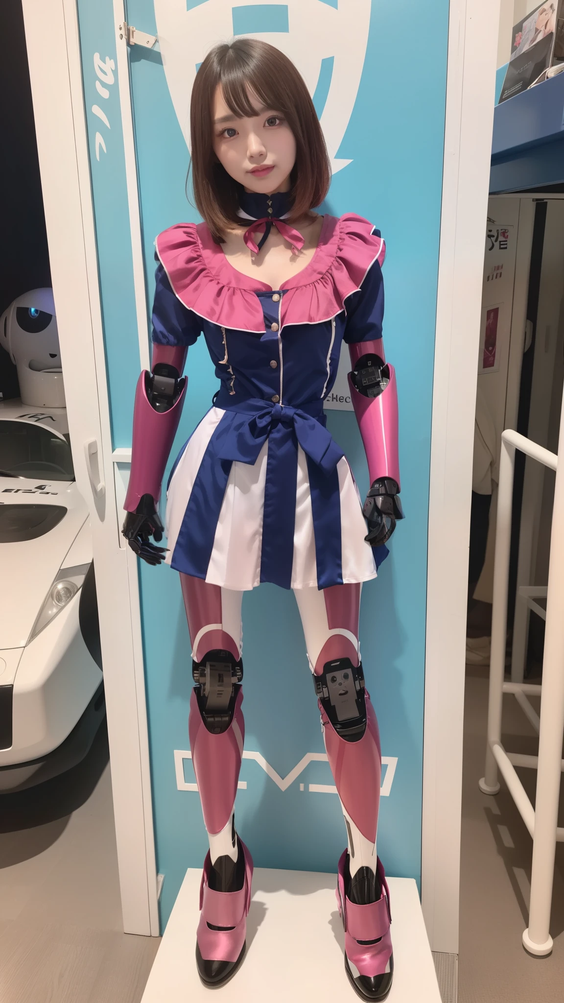 Costume like a idol, blue and white half sleeve Jacket, pink satin ruffled blouse, White and pink stripe pleated skirt, robot