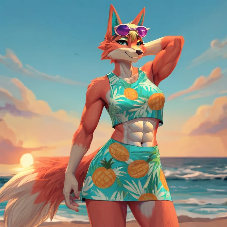 a digital artwork of audie with abs wearing a crop top of her sleeveless turquoise and pineapple printed muumuu dress with turquoise and pineapple printed skirt, a bare midriff and a bare navel, she has sunglasses on her forehead 