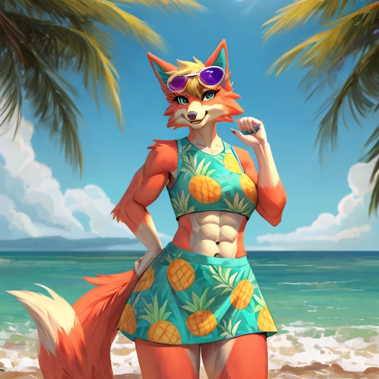 a digital artwork of audie with abs wearing a crop top of her sleeveless turquoise and pineapple printed muumuu dress with turquoise and pineapple printed skirt, a bare midriff and a bare navel, she has sunglasses on her forehead 