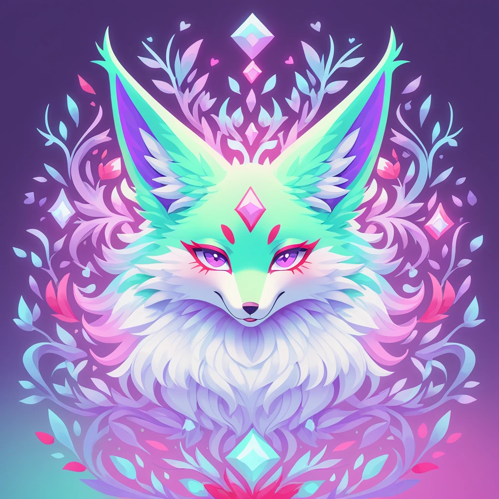 Ayatoriko with blue-purple white magenta light-green-blue and red color palette with background  in fox art style
