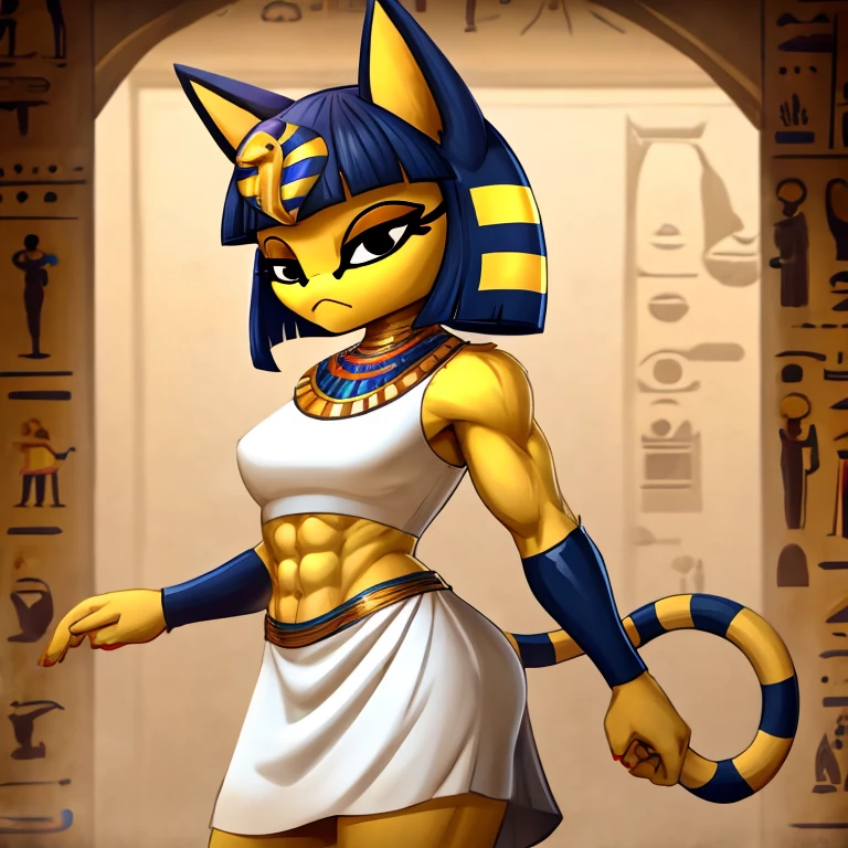 a digital artwork of ankha with abs wearing a crop top of her white sleeveless dress with white dress skirt, a bare midriff and a bare navel, sideview, Egyptian setting 