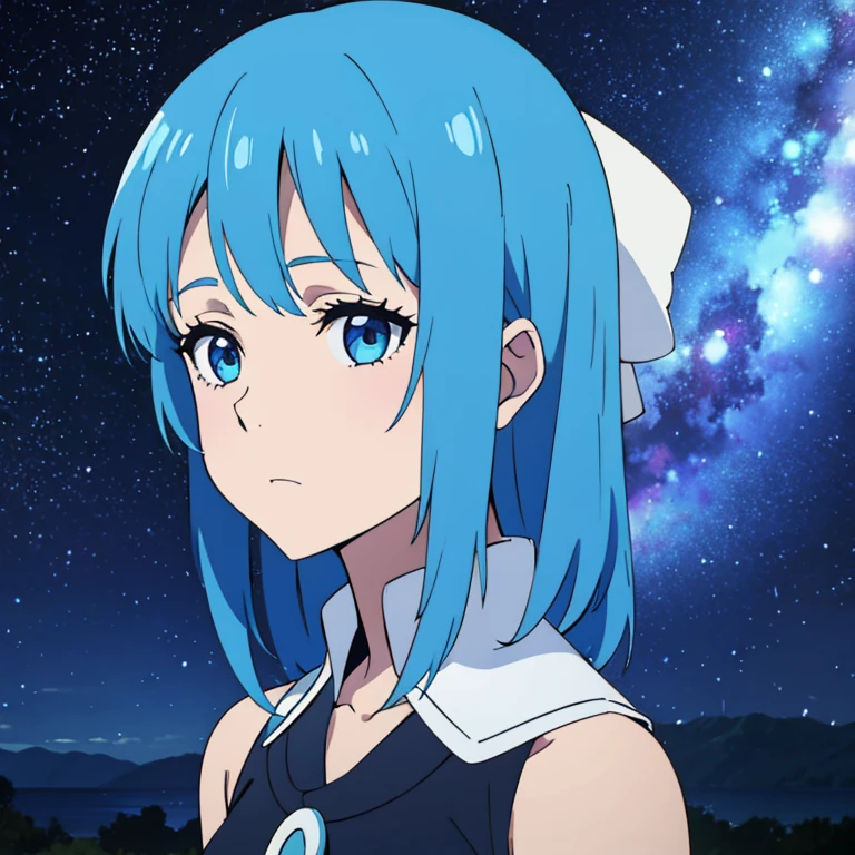 a girl with blue hair looking at the stars