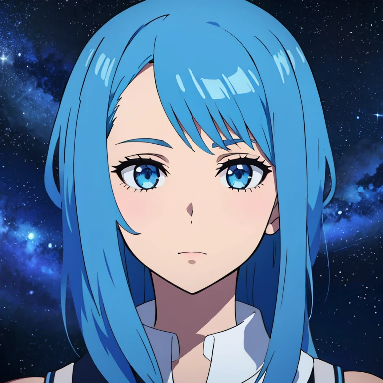 a girl with blue hair looking at the stars