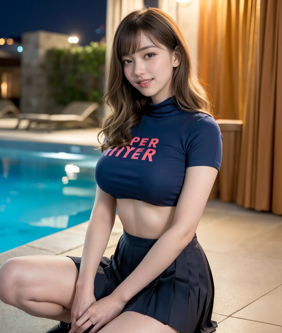(((neat woman,Bright-eyed excitement,kind big smile,blush,blush,red cheek,please touch me,tempting viewer,i want you))),(all fours,all fours,i can see your underboob,underboob),((((blush,red cheek)))),(cinematic lighting), (Photo real:1.4)、(A hyper-realistic:1.4)、(Photorealistic:1.3)、 (gentle lighting: 1.05)、(Improve the lighting quality of your video:0.9)、 32k、25years old woman、photorealistic lighting、Back lighting、Facial Lights、Ray Trace、(bright:1.2)、(Increase quality:1.4)、 (best quality real texture skin)、Fair eyes,delicate face、 Close-up of the face,  (((Wearing the printed high-neck t-shirt,(no printed pleated navy skirt),red high-heel))),(Bodyline mood improvement:1.1)、Glossy skin、Korean Idol、Nogizaka Idol、good figure,perfect anatomy,Beautiful actress,(((beautiful huge breasts,slender waist,slender hip,long slender legs,8heads tall))),(((8heads tall))),(((blonde wavy hair,curtain bangs))),(((in the beautiful modern pool of chic hotel,super clean night view,in the night))),