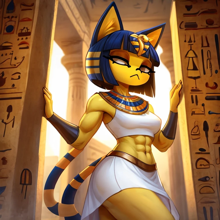 a digital artwork of ankha with abs wearing a crop top of her white sleeveless dress with white dress skirt, a bare midriff and a bare navel, sideview, Egyptian setting