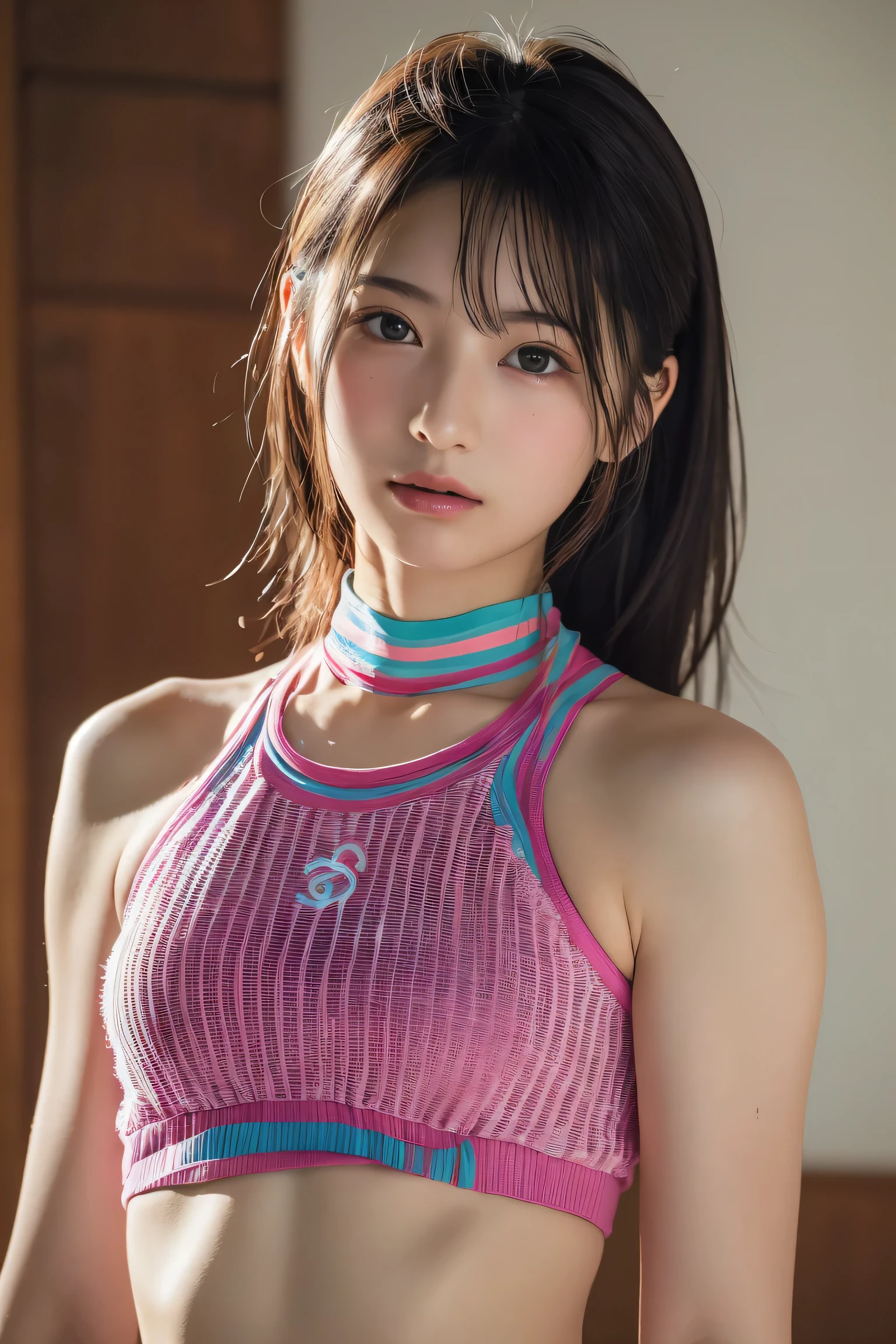 (8k, RAW Photos,highest quality, High resolution:1.1), (Super realistic:1.4),(Realistic, Realistic:1.3),Japanese beauty、Rhythmic Gymnastics Club、Rhythmic Gymnastics Uniform、((Upper Body:1.3))