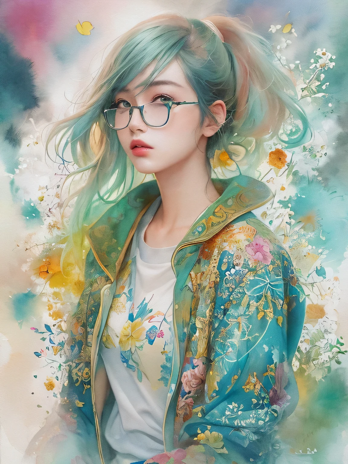 Masayo Style、(((stylish fashion))), 8K Quality、Intense watercolor, Detailed watercolor art, Watercolor splash, Surreal, avant-garde pop art, Beautiful and expressive paintings, Beautiful artwork illustration, Very colorful tones, wonderful, Cool beauty, highest quality、Official Art, Vector art, Stylish design, (((The most beautiful girl))), (((highest quality))), HDR, ((detailed)), (((Doodle Art)), ((masterpiece)), ((Super detailed)),  (((Stylish))),