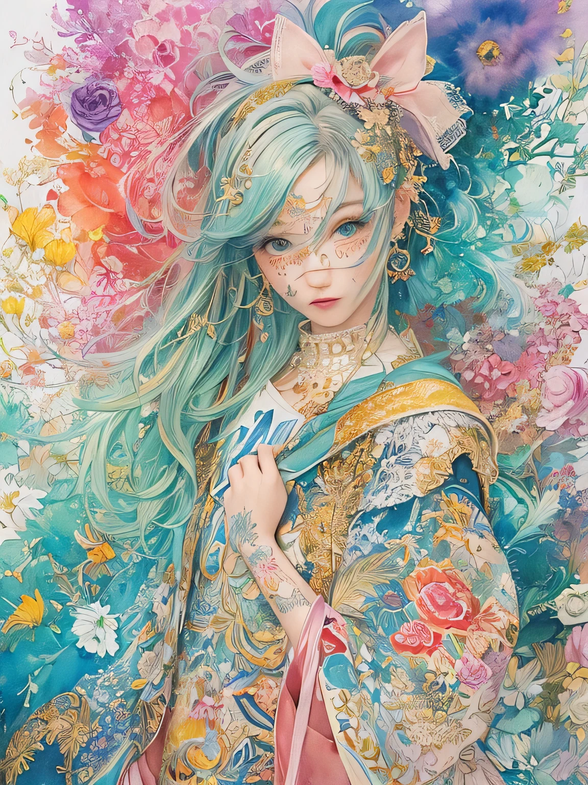 Masayo Style、(((stylish fashion))), 8K Quality、Intense watercolor, Detailed watercolor art, Watercolor splash, Surreal, avant-garde pop art, Beautiful and expressive paintings, Beautiful artwork illustration, Very colorful tones, wonderful, Cool beauty, highest quality、Official Art, Vector art, Stylish design, (((The most beautiful girl))), (((highest quality))), HDR, ((detailed)), (((Doodle Art)), ((masterpiece)), ((Super detailed)), (((Stylish))),