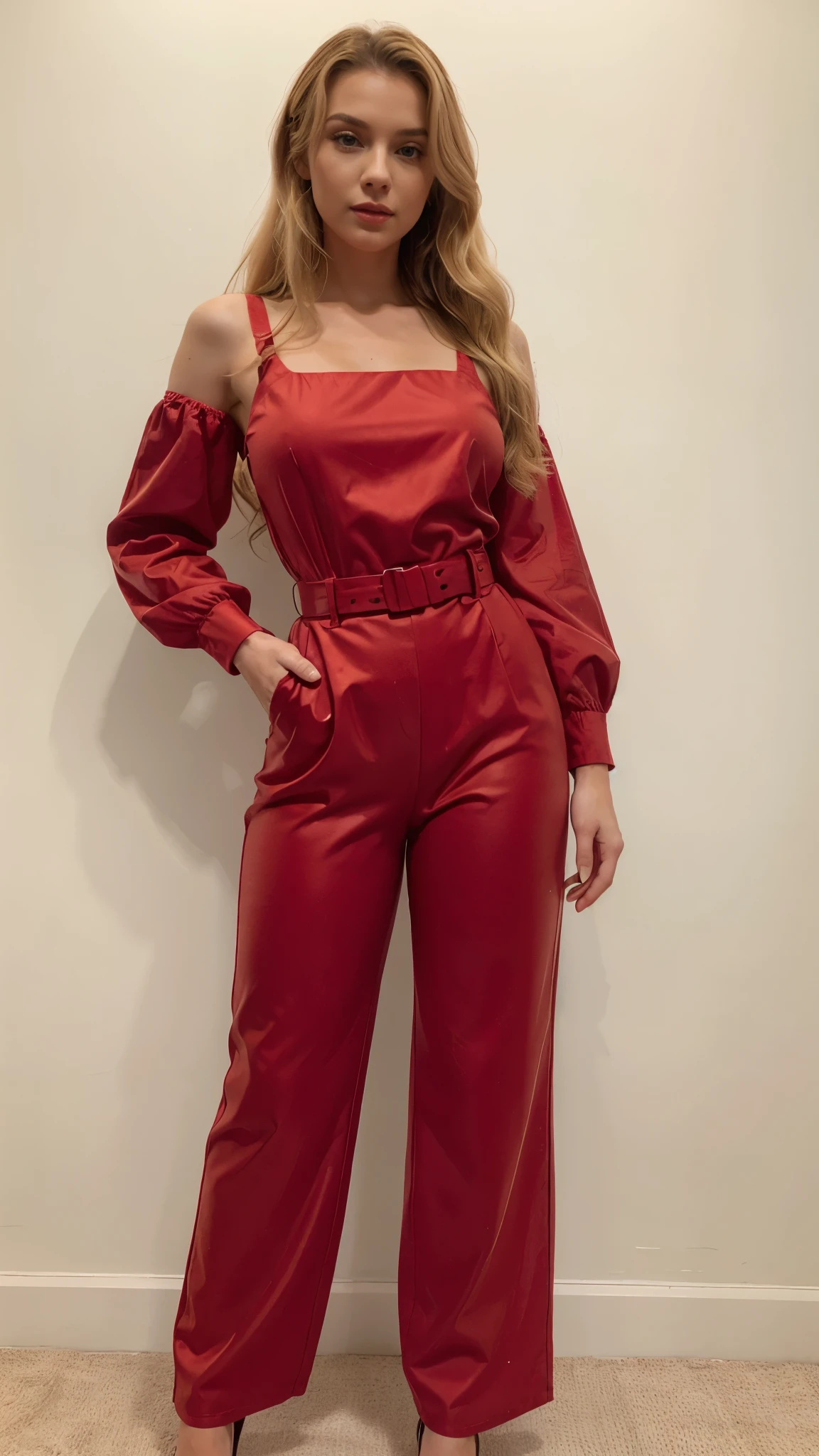 A full-body image of a young woman standing, wearing a stylish red jumpsuit with short puffed sleeves and a tied belt at the waist. The outfit has a fitted top and wide-leg pants. She has blonde hair styled in loose waves, vibrant red lips, and a confident expression. The background should be simple and white, highlighting the woman's elegant appearance and the striking red color of the jumpsuit.