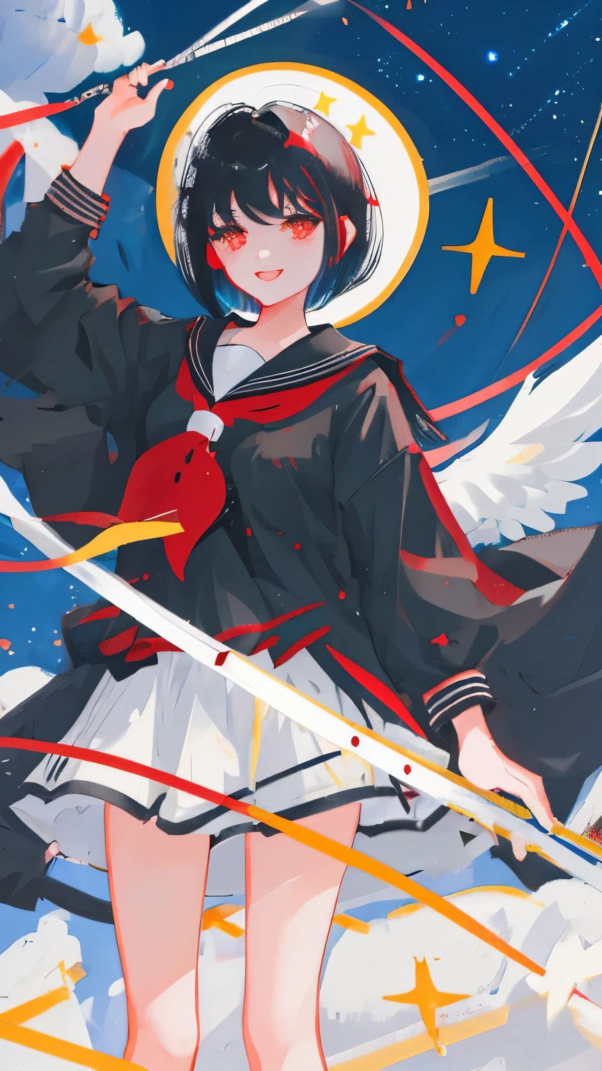 One Girl,Black Hair,Bobcut,Red Eyes,Black clothes,Sailor dress,Starry Sky,Angel,smile