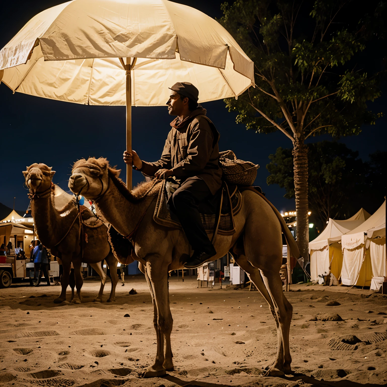 Street vendor riding a camel on the moon