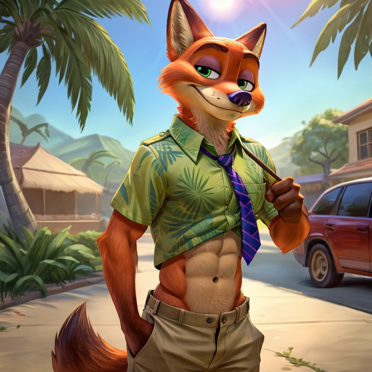 Nick Wilde with abs wearing a crop top of his Hawaiian green shirt with indigo tie and khaki pants with a bare midriff and a bare navel , digital art, ((perfect face)), ((best quality)), ((masterpiece))