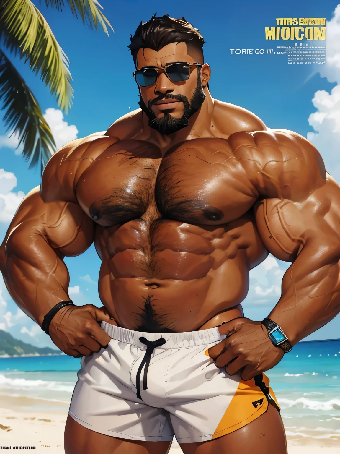 (magazine cover), with text, solo, 1boy, (Huge Muscular black man on the beach, shirtless, wearing swim trunks) (buzzcut hair), pectoral, big lips, sunglasses, abnormal muscle size, very big muscle, (tan skin: 1.2), (crotch bulge: 1.2), absurdly muscle size, huge pectoral, wide pectoral, (bara pecs: 1.4), (hairy chest: 1.1), short hair, short bearded, sunny beach background, masterpiece, high detailed, 8k, high resolution, --style 250, -- v 6.0