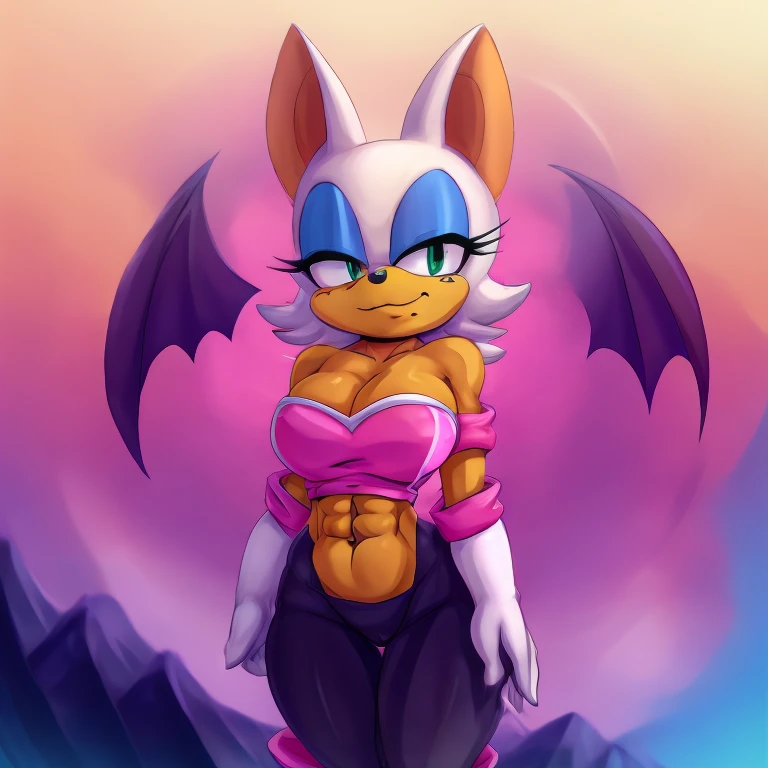 a digital artwork of Rouge the bat with abs wearing a crop top of her original outfit with a bare midriff and a bare navel , digital art, ((perfect face)), ((best quality)), ((masterpiece)), she has a tan midriff
