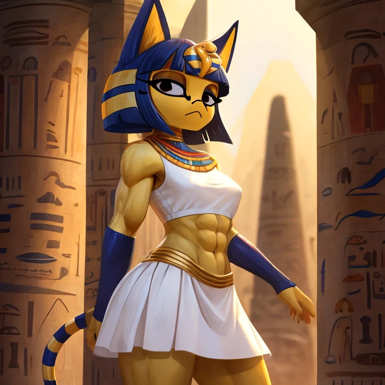 a digital artwork of ankha with abs wearing a crop top of her white sleeveless dress with white dress skirt, a bare midriff and a bare navel, sideview, Egyptian setting 