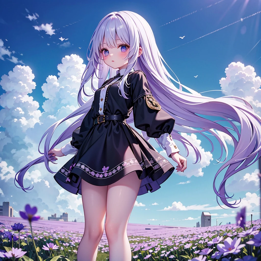 Wide open field of white flowers landscape photo, A purple-haired girl stands in a flower field and looks up at the blue sky, Art Graphic Art, professional, 4k, Very detailed