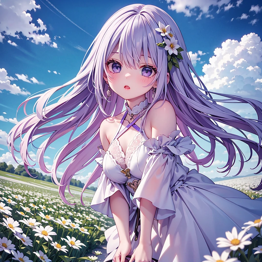 Wide open field of white flowers landscape photo, A purple-haired girl stands in a flower field and looks up at the blue sky, Art Graphic Art, professional, 4k, Very detailed