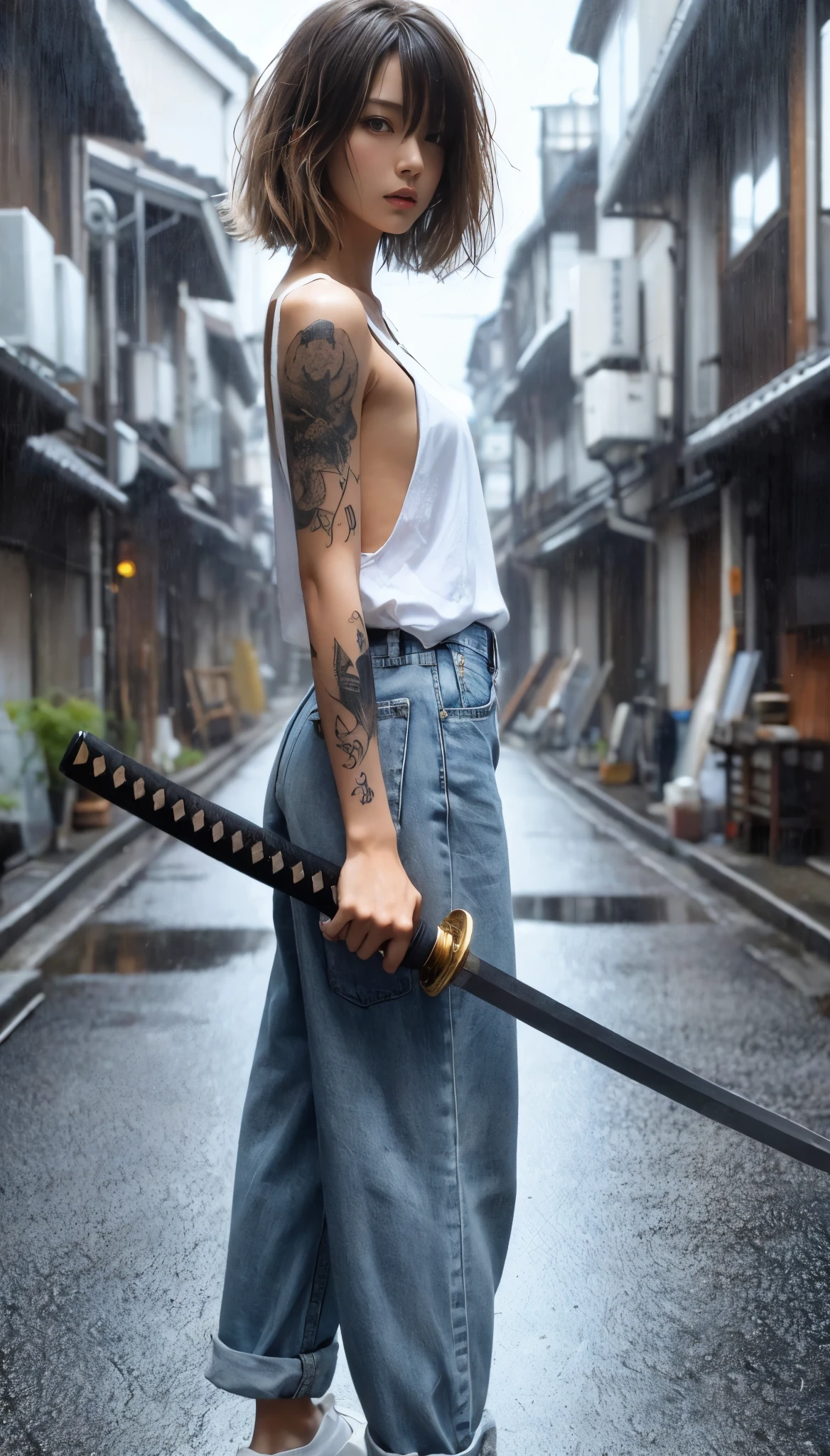 8k,Realistic Skin Texture、Superrealism、Realistic Photo、Japanese women、、Standing with a Japan sword、draw oneself up to one's full height.、The tip of the sword is pointed towards me、Tank top,Oversized jeans、sneakers、Shinjuku Back Alley、Innovative composition、Full body photo、、A wistful look、Tattoo