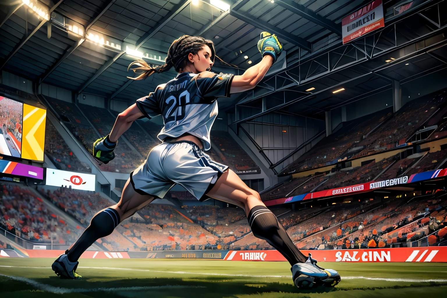 (best quality, 4k, 8k, high resolution, masterpiece: 1.2), ultra detailed, (realistic, photorealistic, photorealistic: 1.37),(best quality, highres, vivid colors), soccer game, energetic players, passionate fans, intense competition, stadium lights, dynamic movement, powerful kicks, precise passes, strategic tactics, thrilling goals, celebratory cheers, dribbling skills, goalie saves, referee whistle, team jerseys, stadium atmosphere, cheering crowd, grass field, cheering supporters, adrenaline rush, braids, braided hair