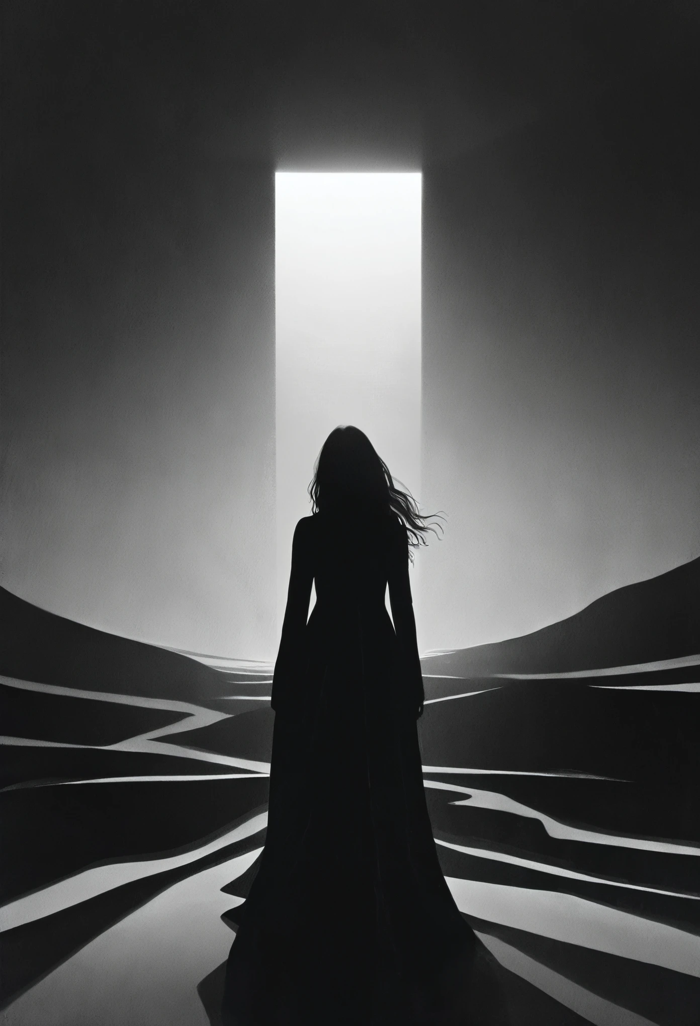 black and white,hell lady,minimalist Journey,highres,ultra-detailed,realistic,portrait,monochrome,contrast,bold lines,dark atmosphere,simple composition,dramatic lighting,expressive face,subtle emotions,striking gaze,intense stare,simple clothing,mysterious background,haunting beauty,graceful pose,mysterious aura,vivid black and white tones,ethereal,concept art,journey of self-discovery,quiet introspection,depth of the soul,symbolic representation,minimalist environment,subtle details,emotional depth,striking simplicity,balance of light and darkness,surreal experience,striking shadows,subtle textures,detailed expression,striking visual impact,straightforward yet thought-provoking,wide range of emotional interpretation，shadow，anatomical correct:2