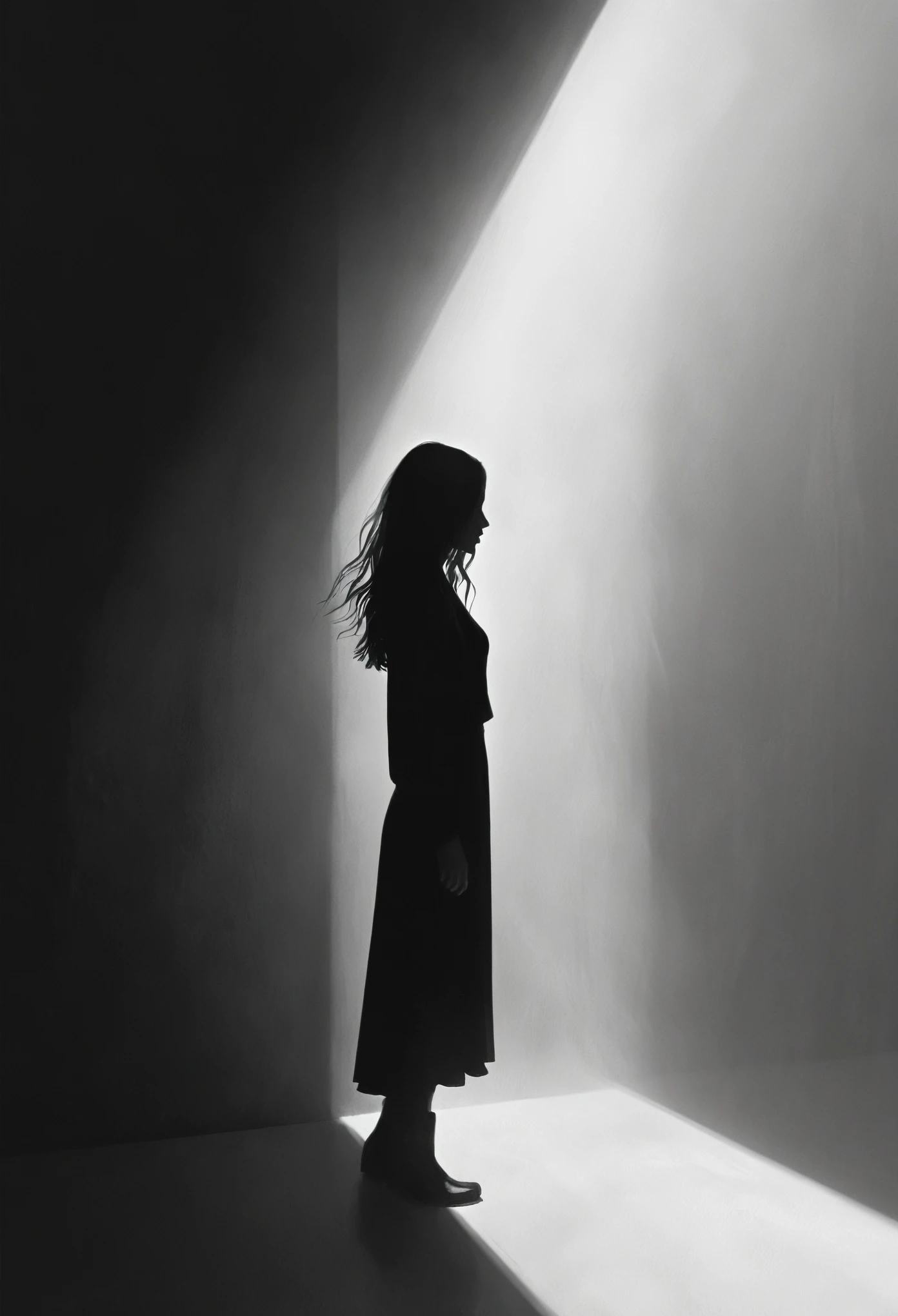 black and white,hell lady,minimalist Journey,highres,ultra-detailed,realistic,portrait,monochrome,contrast,bold lines,dark atmosphere,simple composition,dramatic lighting,expressive face,subtle emotions,striking gaze,intense stare,simple clothing,mysterious background,haunting beauty,graceful pose,mysterious aura,vivid black and white tones,ethereal,concept art,journey of self-discovery,quiet introspection,depth of the soul,symbolic representation,minimalist environment,subtle details,emotional depth,striking simplicity,balance of light and darkness,surreal experience,striking shadows,subtle textures,detailed expression,striking visual impact,straightforward yet thought-provoking,wide range of emotional interpretation，shadow，anatomical correct:2