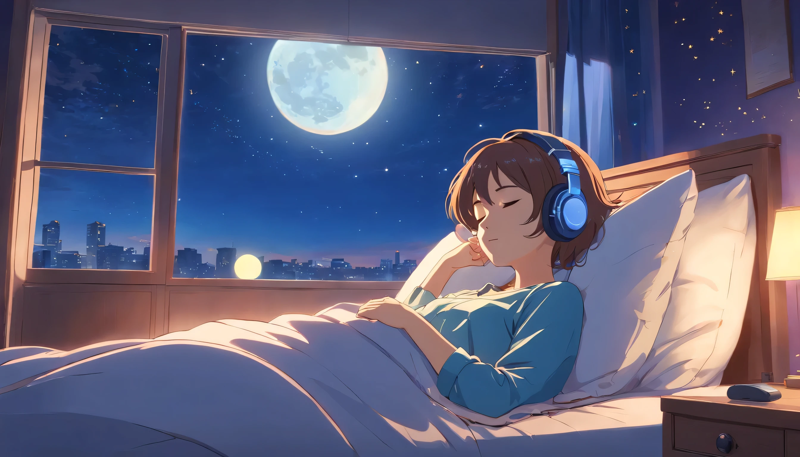(masterpiece) A girl (woman) Sleeping in bed, In her bed, Wearing headphones,  Window showing the moon and stars, calm, peaceful, thinking, ish, Color Grading, Nice color coding,