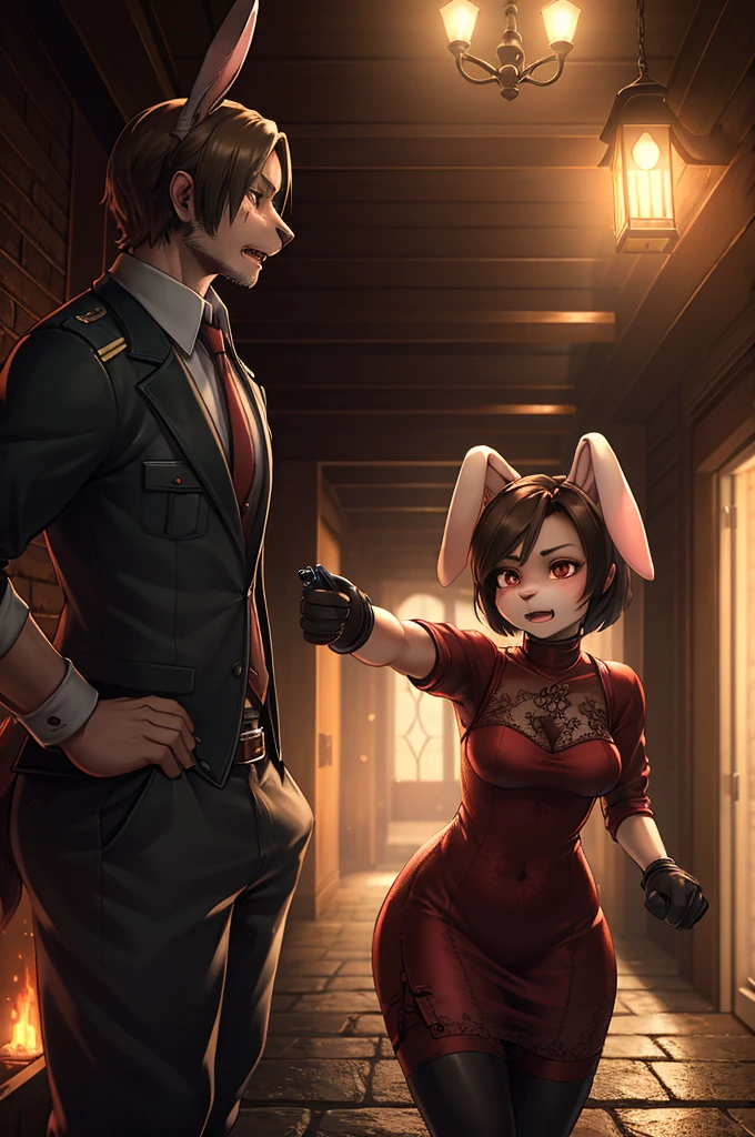 (resident evil 4 style) , Bokeh , (1 hairy mature rabbit Ada Wong and 1 casual wear hairy dog Leon S. Kennedy couple:1.3) , Short stature , curvy , hige , realistic hairy fur , Round face, swollen cheeks, moist round eyes , see-through dress , in the midnight haunted mansion , moonlight , (flare:1.2) , Shoot a Villagers zombie with a handgun , Zombies are chasing , Use a beam light to cover areas that are inappropriate for viewing at work , dynamic action
