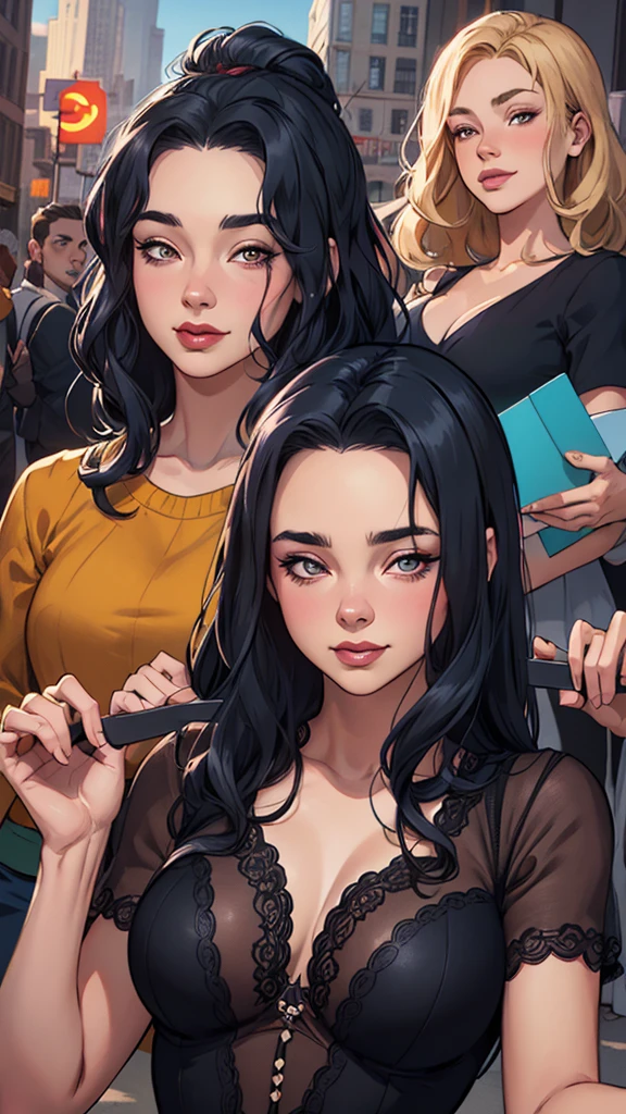 Personagem Christina Ricci cabelo preto estilo Morticia AddamsImagem de desenho animado de uma mulher .cartoon style illustration, estilo de arte dos desenhos animados, estilo de arte dos desenhos animados, digital illustration style, design de personagens altamente detalhado, arte digital detalhada fofa, City fan art, Design de personagens de retrato, beautiful digital illustration, retrato de alta qualidade, Arte em quadrinhos, jovem expressando desejo sexual. Seios lindos e redondos sorriso de felicidade