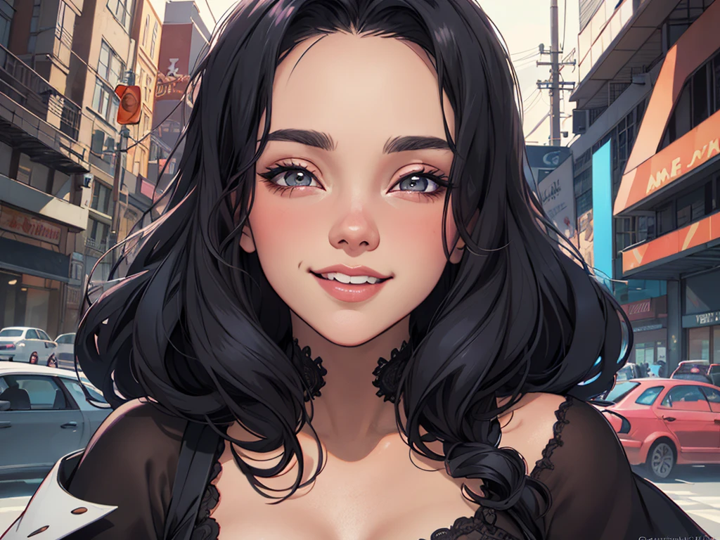 Personagem Christina Ricci cabelo preto estilo Morticia AddamsImagem de desenho animado de uma mulher .cartoon style illustration, estilo de arte dos desenhos animados, estilo de arte dos desenhos animados, digital illustration style, design de personagens altamente detalhado, arte digital detalhada fofa, City fan art, Design de personagens de retrato, beautiful digital illustration, retrato de alta qualidade, Arte em quadrinhos, jovem expressando desejo sexual. Seios lindos e redondos sorriso de felicidade