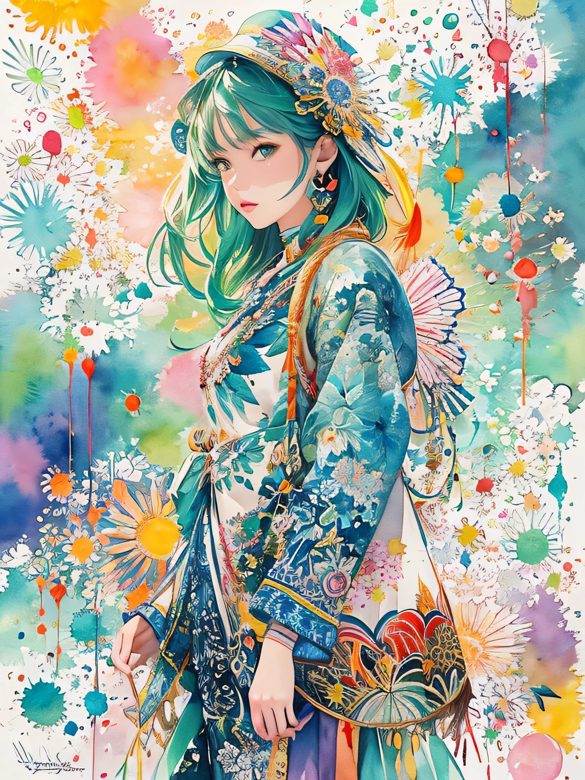 Masayo Style、(((stylish fashion))), 8K Quality、Intense watercolor, Detailed watercolor art, Watercolor splash, Surreal, avant-garde pop art, Beautiful and expressive paintings, Beautiful artwork illustration, Very colorful tones, wonderful, Cool beauty, highest quality、Official Art, Vector art, Stylish design, (((The most beautiful girl))), (((highest quality))), HDR, ((detailed)), (((Doodle Art)), ((masterpiece)), ((Super detailed)), (((Stylish))),