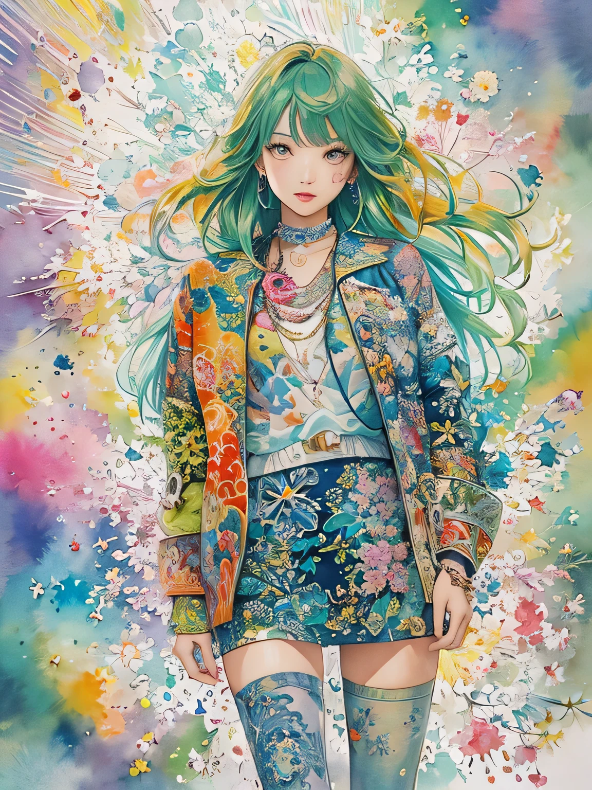 Masayo Style、(((stylish fashion))), 8K Quality、Intense watercolor, Detailed watercolor art, Watercolor splash, Surreal, avant-garde pop art, Beautiful and expressive paintings, Beautiful artwork illustration, Very colorful tones, wonderful, Cool beauty, highest quality、Official Art, Vector art, Stylish design, (((The most beautiful girl))), (((highest quality))), HDR, ((detailed)), (((Doodle Art)), ((masterpiece)), ((Super detailed)), (((Stylish))),
