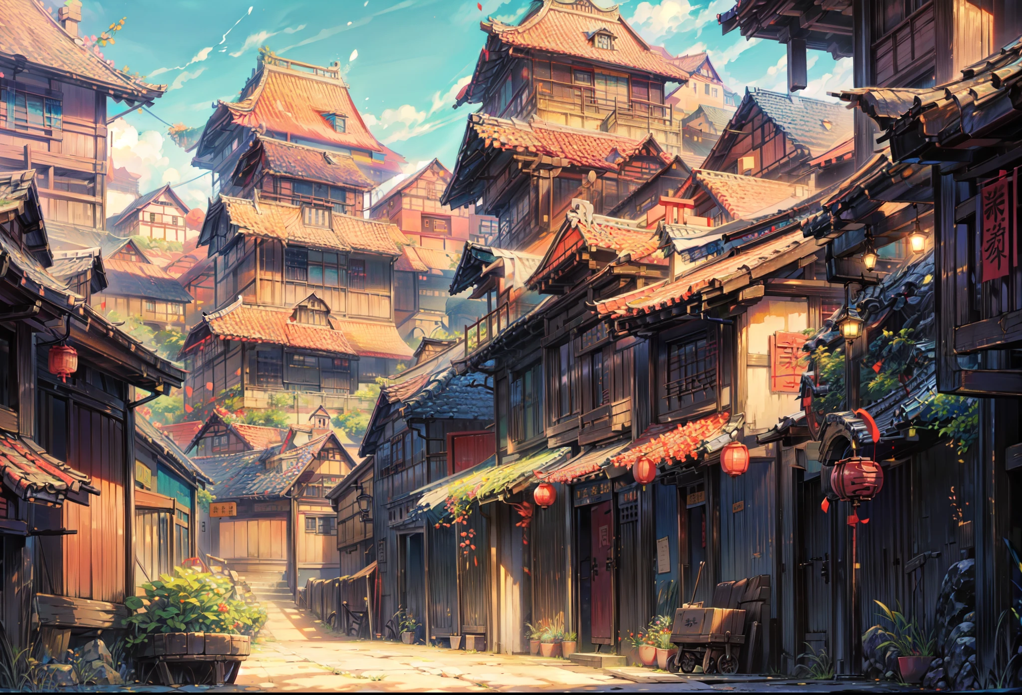 Old ancient chinese town, bright ancient chinese town, beautiful scene, scenery, ancient town, ancient time set, bright color palette, beautiful houses, scene, bright sky, nice enviroment, background, beautiful scene, day time, blue sky, bright sun, ground