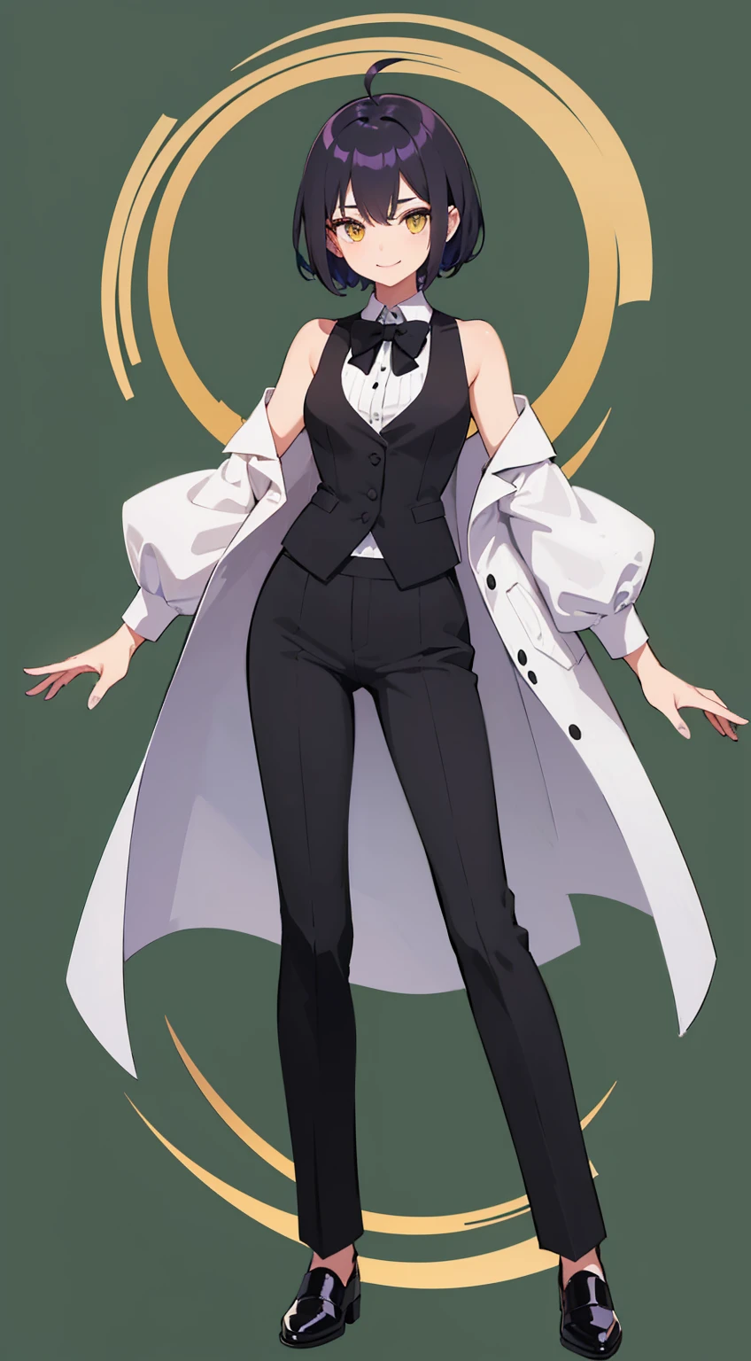 whole body, upright, front, shoes, One Woman, Black hair mixed with purple, Short hair to the shoulders, Hair between the eyes, Ahoge, Yellow Eyes, Pointed Ears, ((Office Suits)), White button-up shirt, Black pumps, Black vest,Black slacks, Black bow tie,Mid-chest, Wear pumps), Place your arms at your sides, Open chest, A kind smile, masterpiece, high quality, whole body, shoesを履いている, frontを向いている, Are standing,Simple Green Background, View your viewers,whole body